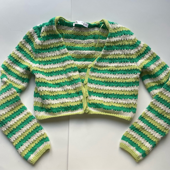 ZARA Knit Cardigan Green Yellow Stripe - Picture 7 of 7